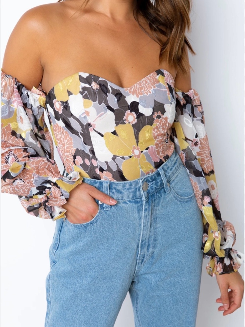 Floral Puff-Sleeve Bodysuit in Yellow & Cream